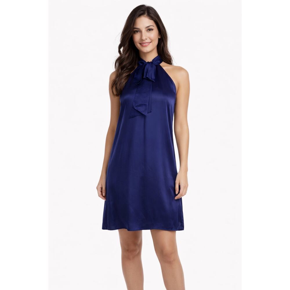 Ann Taylor Silk Halter Dress 12 Blue Tie Neck Shift Satin Wedding Guest Classic